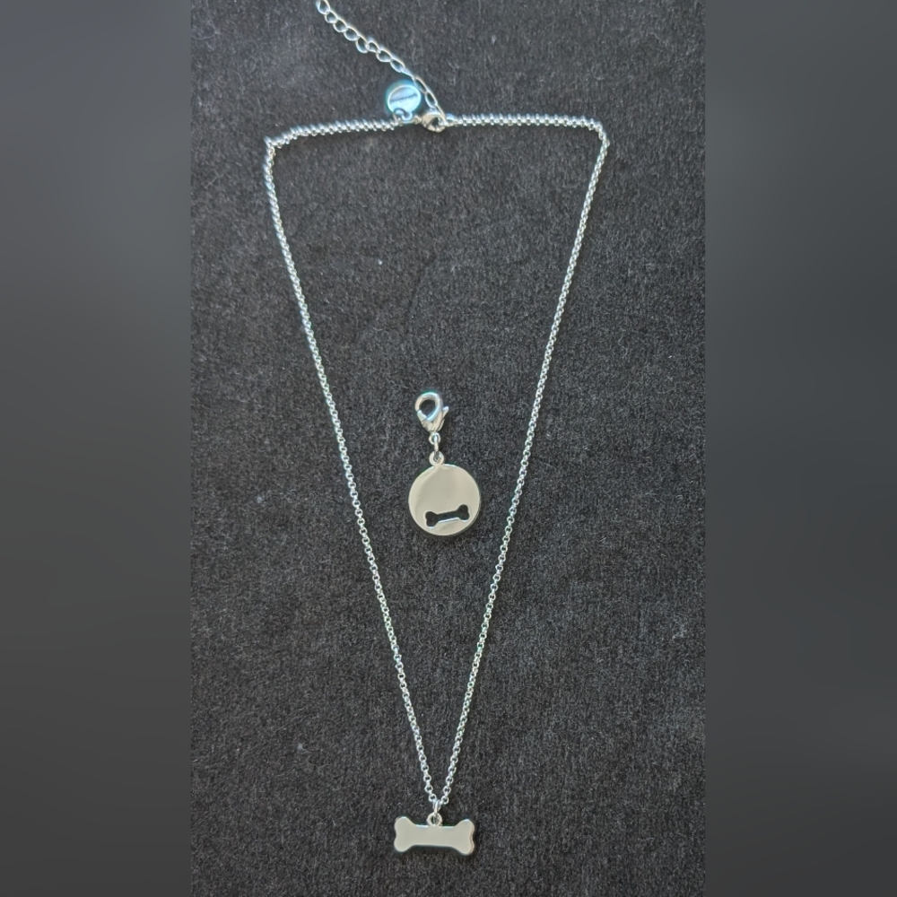 Silver Dog Bone Pendant Necklace And Dog Bone Charm